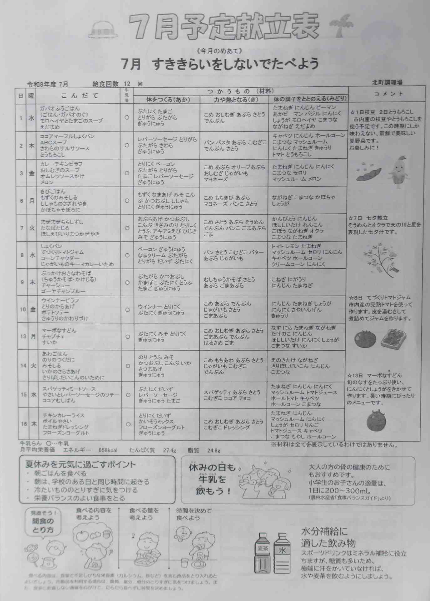 7月献立表　給食＆食育おたより②